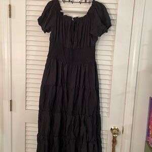 Black Multi Tiered Ruffle Edge Generous Size Boho Gathered Waisted Maxi Dress